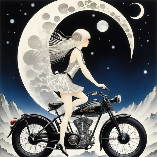 Prompt: Kay Nielsen, Monika Beisner, Surreal, mysterious, strange, fantastical, fantasy, Sci-fi, Japanese anime, soft moon, metafiction, bicycle and motorcycle, miniskirt beautiful girl, perfect voluminous body, detailed masterpiece 