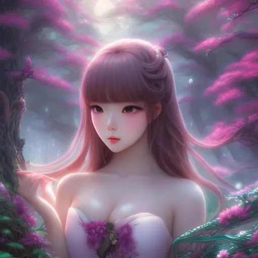 Prompt: Wanda Gág, Japanese anime, Surreal, mysterious, strange, fantastical, absurd, fantasy, Sci-fi fantasy, forest where gods and spirits live, solo girl, beautiful perfect voluminous body, encounter with mysterious birds, summoning ritual of wind spirit, trial of dreams and illusions shown by the snake god, hyperdetailed high resolution high definition high quality masterpiece