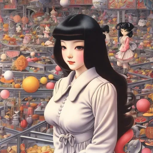 Prompt: Maurice Sendak, Tim Sell, Surreal, mysterious, strange, fantastical, fantasy, sci-fi, Japanese anime, miniskirt beautiful girl who got lost inside a huge pachinko machine, perfect voluminous body, detailed masterpiece 