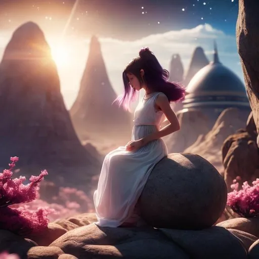 Prompt: A E Marty, Anne Anderson, Michael Whelan, Surreal, mysterious, strange, fantastic, fantasy, Sci-fi, Japanese anime, ocarina and baby cat, Empire Star, miniskirt beautiful girl on a journey, perfect voluminous body, hyper detailed masterpiece depth of field cinematic lighting 