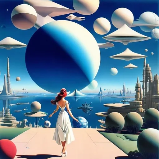 Prompt: Roger Dean, Gil Elvgren, Surreal, mysterious, bizarre, fantastical, fantasy, Sci-fi, Japanese anime, mathematical formula universe, geometric buildings, beautiful girl in perspective drawing, perspective drawings and blueprints, floating spheres, detailed masterpiece zoom in to the girl 