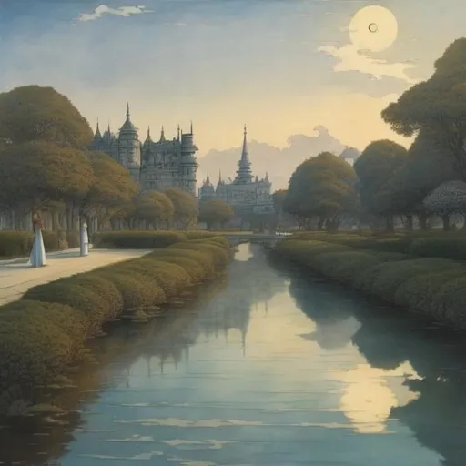 Prompt: Anton Pieck Surreal, mysterious, strange, fantastical, fantasy, Sci-fi, Japanese anime, rare camera, galloping lady, perfect voluminous body, riding a blue bus in spring, parquet, novels are huge architecture, detailed masterpiece depth of field cinematic lighting 