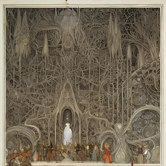 Prompt: Arthur Rackham, Richard Dadd, Rowena Morrill, Japanese anime, Gilgamesh's plan, Return of Marco Polo, beautiful crystal structure of snow, mechanical engineering and mechanics, hyperdetailed high quality high resolution high definition masterpiece 