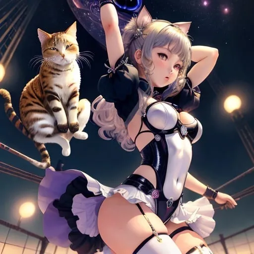 Prompt: Nanpei Yamada, Franciszek Starowieyski, Surreal, mysterious, strange, fantastical, fantasy, Sci-fi, Japanese anime, miniskirt beautiful girl and cat on a suspension bridge, perfect voluminous body, dancing night of stars, detailed masterpiece 