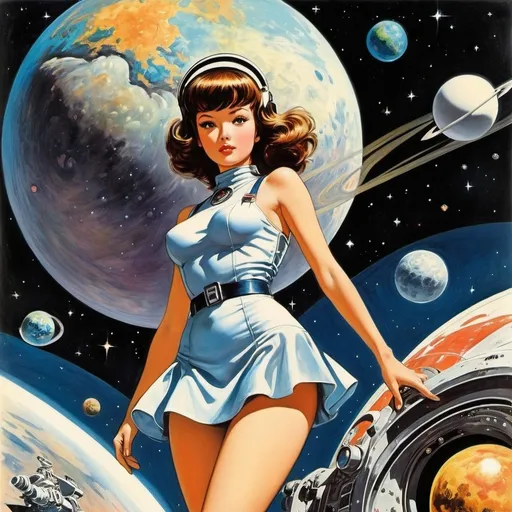 Prompt: Wally Wood, Jean-Michel Moreau, Surreal, mysterious, strange, fantastical, fantasy, Sci-fi, Japanese anime, planet roulette, fate of the universe, miniskirt beautiful astronaut, perfect voluminous body, detailed masterpiece 