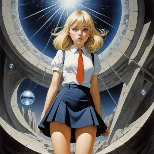 Prompt: Edward Wadsworth, John Tunnard, Zoe Saunders, Maximilian Pirner, Surrealism, wonder, strange, bizarre, fantasy, Sci-fi, Japanese anime, time crystal, mail trumpet, depth and color of space, everything that rises gathers at one point, beautiful blonde miniskirt girl Alice, perfect voluminous body, detailed masterpiece 
