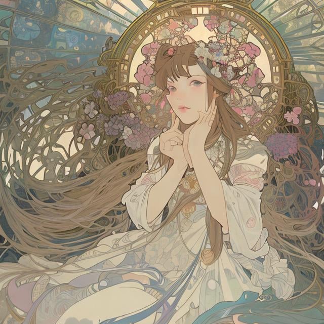 Prompt: Anne Anderson, Adrienne Segur, Alphonse Mucha　Japanese anime Sci-Fi Fantasy　Floating bed　teens girl　european castles　spring season hyperdetailed high resolution high definition high quality masterpiece