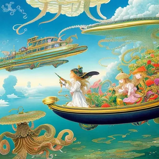 Prompt: Walter Crane, Barbara Cooney, François-Louis Schmied, animesque wondrous strange Whimsical surreal fanciful Sci-Fi Fantasy country above the clouds Ukishima Beetle Taxi Fish in the sea of clouds、octopuses、jellyfish Little girl in a taxi Hyperdetailed high definition high resolution high quality masterpiece