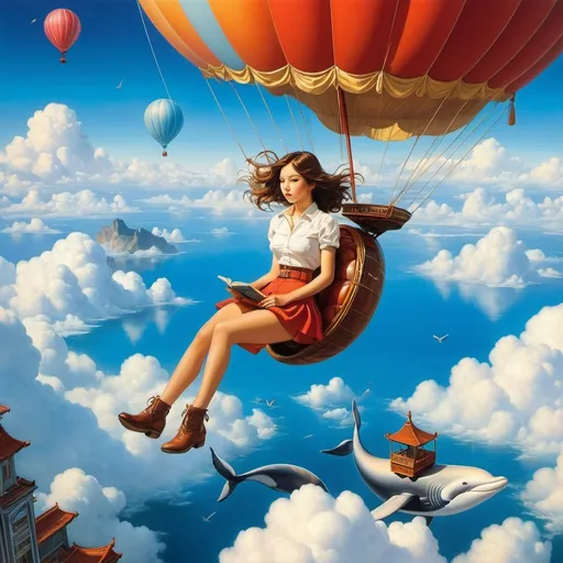 Prompt: Christian Riese Lassen, Raphael Delorme, Wladyslaw Benda, Surrealism, wonder, strange, bizarre, fantasy, Sci-fi, Japanese anime, whale above the clouds, miniskirt beautiful girl on a balloon ride, perfect voluminous body, greetings, detailed masterpiece bird’s eye views wide angles perspectives 