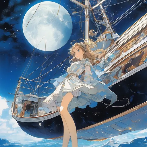 Prompt: Virginia Lee Burton, Antonio Rubino, Surreal, mysterious, strange, fantastical, fantasy, Sci-fi, Japan anime, boat floating in the ocean of mathematics, discontinuation of the horizontal nest line, blueprint of the moon, miniskirt beautiful girl, perfect voluminous body, detailed masterpiece 