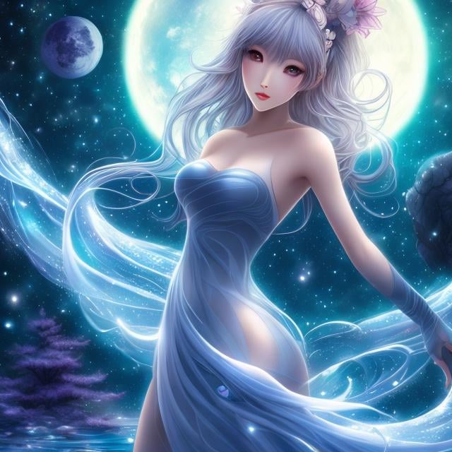 Prompt: Naohisa Inoue, Colleen Doran, Surreal, mysterious, strange, fantastical, fantasy, Sci-fi, Japanese anime, night on the board, beautiful girl goddess Artemis, perfect voluminous body, flowing liquid moonlight, 