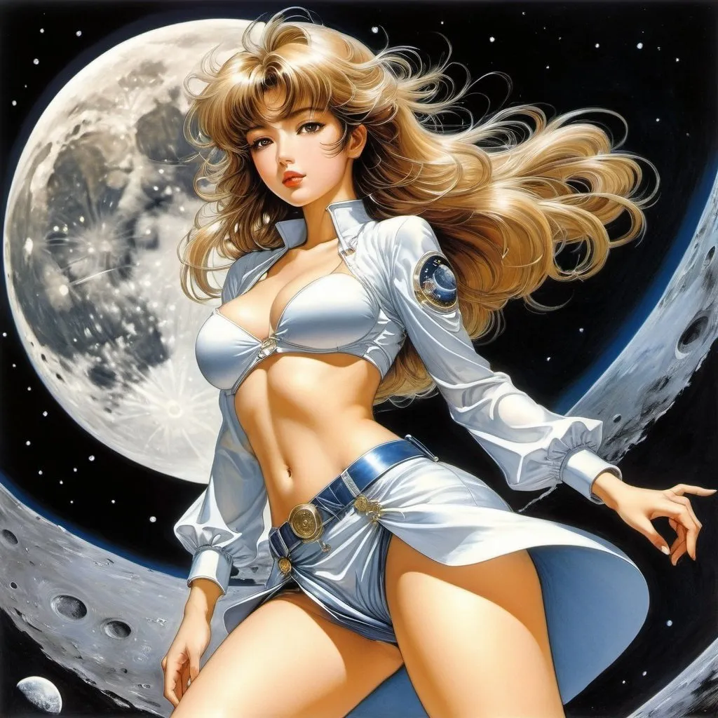 Prompt: Gertrud Caspari, Masamune Shirow, Surreal, mysterious, strange, fantastic, fantasy, Sci-fi, Japanese anime, living on the moon, playing with the moon, rotating the moon, loving the moon, opening the moon, miniskirt lunar eclipse beautiful girl, perfect voluminous body, detailed masterpiece 