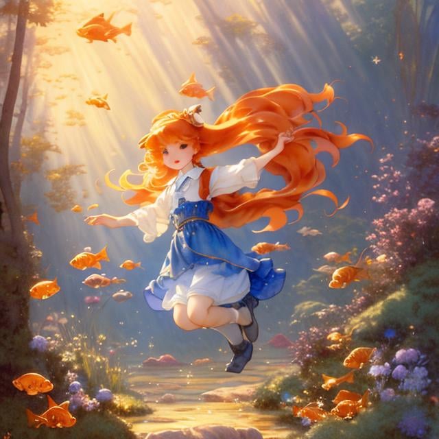 Prompt: Anton Pieck, Jessie Willcox Smith, Margaret Tarrant, animesque wondrous strange Whimsical Sci-Fi Fantasy Goldfish World Ryukin Izumi gold Dutch Lion's Head Lanc-ch'u-hsien Wakin Swimming in the air Goldfish scoop matsuri Miniskirt schoolgirl walking path Hyperdetailed resolution definition masterpiece