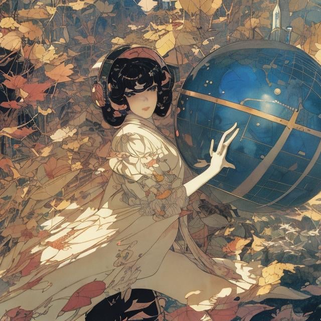 Prompt: Syd Mead, John Bauer, Daphne Allen, Freda Mabel Rose, Hester Margetson, Japanese anime, Autumn leaves, Celestial globe, solo girl, sinking solar system, moving to another world, hyperdetailed high resolution high quality high definition masterpiece 