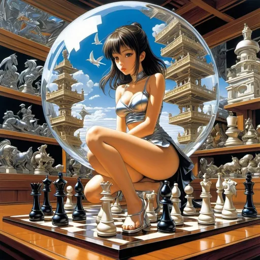 Prompt: John Nixon, Masamune Shirow, M C Escher, Surreal, mysterious, bizarre, fantastical, fantasy, Sci-fi, Japanese anime, floating stone sphere, glass throne, fighting chess pieces, beautiful girl in miniskirt watching the game, perfect voluminous body, detailed masterpiece bird’s eye view perspectives angles 