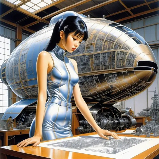 Prompt: Hajime Sorayama, Werner Holz, Craig Foster,  Mead, Katsuhiro Otomo, Surrealism, mysterious, bizarre, fantastical, fantasy, Sci-fi, Japanese anime, wooden spaceship design and assembly factory, miniskirt beautiful girl engineer checking blueprints, perfect voluminous body, detailed masterpiece plan drawings mechanical 