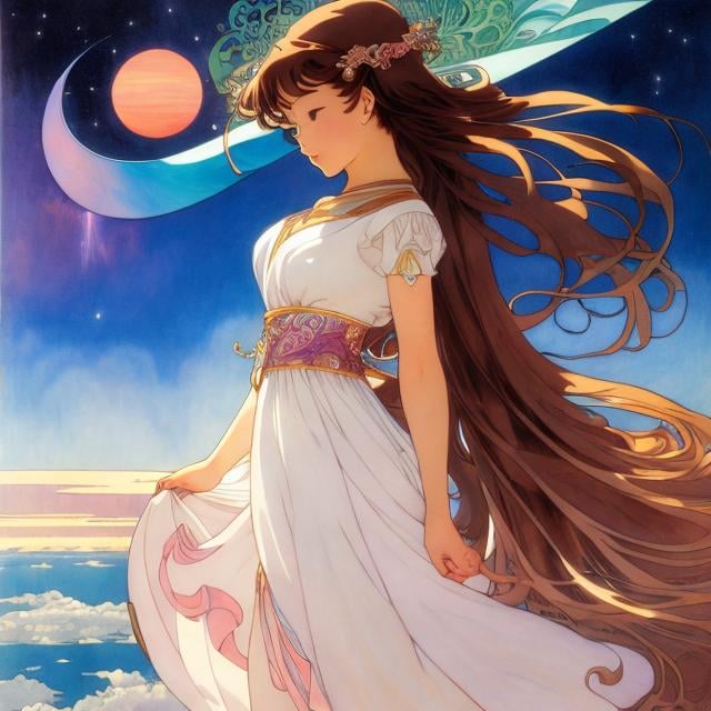 Prompt: Toriko Chiya, Alphonse Mucha, Surreal, mysterious, strange, fantastical, fantasy, sci-fi, Japanese anime, cloud path, rainbow bridge, miniskirt beautiful girl who sails the sails of her soul on the sea of ​​stars, perfect voluminous body, detailed masterpiece 