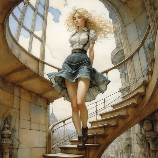 Prompt: Arthur Rackham, Peter Gric, Fritz Janschka, Moto Hagio, Moritz Retzsch, Surrealism, wonder, strange, bizarre, fantasy, Sci-fi, Japanese anime, spiraling glass tower, reaching from the underground world to the heavens, beautiful blonde miniskirt girl Alice climbing the stairs, perfect voluminous body, detailed masterpiece  hand coloured line drawings 