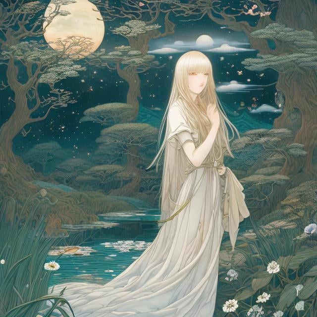 Prompt: Kenji Tsuruta, James Jean, Walter Crane, Kate Greenaway, Surreal, mysterious, bizarre, fantastical, fantasy, Sci-fi, Japanese anime, seen in a dream, communion with northern nature such as stars, moon, and forests, beautiful blonde girl Alice, lively darkness, ensemble, labyrinth of forgotten gods, detailed masterpiece 