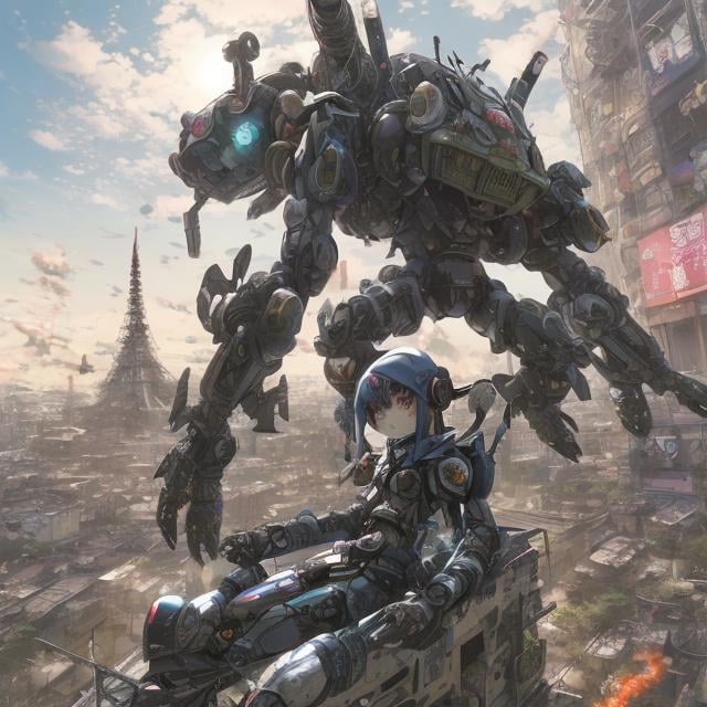 Prompt: Masamune Shirow, Japanese Anime Surreal Mysterious Bizarre Sci-fi Fantasy Giant robot in the battle field, city ruins, Tokyo Tower Girl in tight-fitting space suit sitting on the robot’s shoulder, Hyperdetailed high resolution high definition high quality masterpiece 