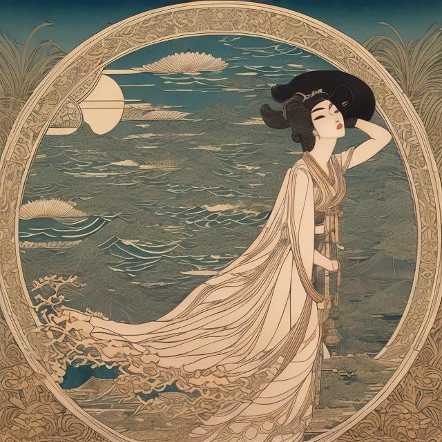 Prompt: Woodblock print, Walter Crane, Ukiyo-e style, Helen nyce, Art Deco style, Japanese Anime, Surreal Mysterious Strange Fantastic Fantasy Sci-fi, Beautiful girl perfect body, Queen's eyes, Chemistry, botany, zoology, physics, Falling moon, detailed masterpiece 