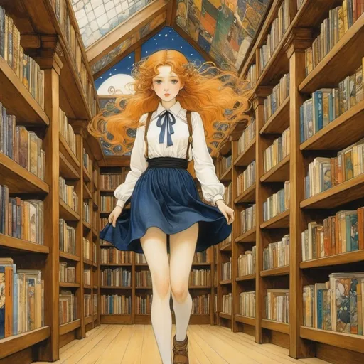 Prompt: Gustav Klimt, Elsa beskow, Surreal, mysterious, strange, fantastical, fantasy, Sci-fi, Japanese anime, used bookstore in the attic, a beautiful high school girl in a miniskirt who keeps the store, perfect voluminous body, detailed masterpiece 