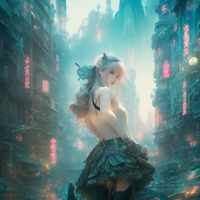 Prompt: James Jean, A E Marty, Arthur Rackham, Surreal, mysterious, bizarre, fantastical, fantasy, Sci-fi, Japanese anime, midnight tea party, miniskirt blonde beautiful girl Alice, perfect body, daily life, dreams, art, relics, and ruins, vertical reflection, translation, horizontal reflection, hyper detailed masterpiece high resolution definition quality, depth of field cinematic lighting 