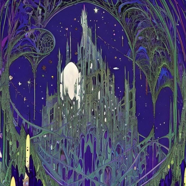 Prompt: Harry Clarke Anime　wondrous　strange　Whimsical　surreal　absurderes　fanciful　Sci-Fi Fantasy　Invited to the world of blue dreams　Planetarium Ghost Travel　Climb the Star Journey Boy Tower　Landscapes from different eras　Sleepless Boy Goes to Moon