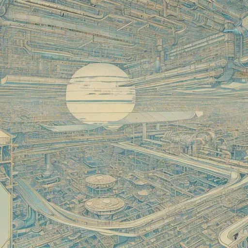 Prompt: Ukiyo-e style, m c Escher, Paolo Soleri, Japanese Anime Surreal Fantasy Mysterious Strange Fantastic Sci-Fi Fantasy Space Station Blueprint Assembly Drawing Blueprint Satellite Orbit The Moon Is Near, a girl in colour, hyperdetailed high resolution high definition high quality masterpiece