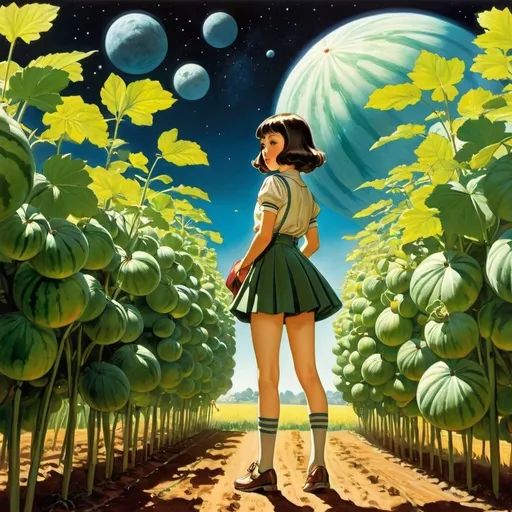 Prompt: Mabel Attwell, Georges Rochegrosse, Jessie Willcox Smith, George Him, Aquirax Uno, Surrealism Mysterious Weird Fantastic Fantasy Sci-Fi, Japanese Anime, August Wanderer, Night in the Watermelon Field, Miniskirt Beautiful High School Girl, perfect voluminous body, Space Station, detailed masterpiece low high angles perspectives 