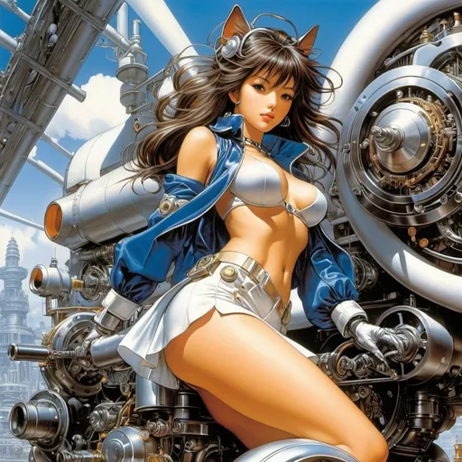 Prompt: Masamune Shirow, Tom Fleming, Danny Flynn, Surrealism, strange, fantastical, fantastic, fantasy, science fiction, Japanese anime, from hard machines to soft machines, harmony between function and form of living things, Euler uses expansion lines to create involute gears, Carnot uses the theory of heat Establishment, the science of manufacturing, blueprints, beautiful high school girls in miniskirts assembling, perfect voluminous body, detailed masterpiece 