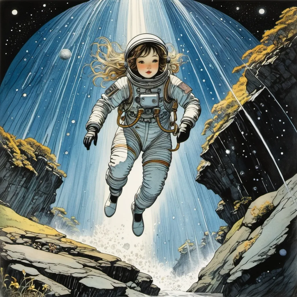 Prompt: Arthur Rackham, yuko Shimizu, Karel Teige, Alasdair Gray, Maurice Sendak, Surrealism, mysterious, strange, bizarre, fantasy, sci-fi fantasy, anime, beautiful girl in a space suit diving into the Milky Way, perfect voluminous body, becoming a waterfall and raining down on Tokyo, detailed masterpiece 