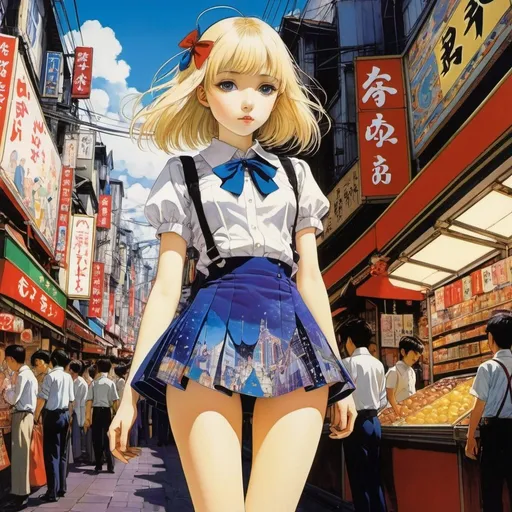 Prompt: Harry Clarke, Mayu Shinjo, Surreal, mysterious, strange, fantastical, fantasy, Sci-fi, Japanese anime, Ueno Ameyoko, shoppers from outer space, crowd, beautiful blonde miniskirt girl Alice, perfect voluminous body, detailed masterpiece 