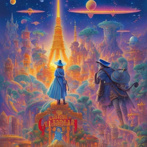 Prompt: Jean Giraud, Margaret Tarrant, Comical, Surreal, mysterious, strange, bizarre, fantasy, Sci-fi, Japanese anime, inhabitants of the story world escape into reality, sightseeing in Tokyo, Alice in Wonderland, Wizard of Oz, Captain Future, 20,000 Leagues Under the Sea, Sherlock Holmes, Star Wars, The Hobbit, A Midsummer Night's Dream, City is  in uproar, hyper detailed masterpiece high resolution definition quality depth of field cinematic lighting 