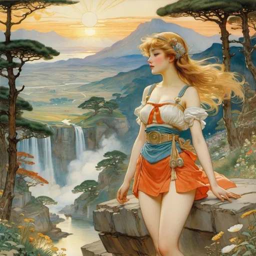 Prompt: Walter Crane, Thomas Moran, Surrealism, wonder, strange, bizarre, fantasy, sci-fi, Japanese anime, What spills out from the book is a girl, a friend, a house, a landscape, a beautiful girl in a miniskirt who has funny dreams, Eternity appears in the form of a child, and the details whisper unknowability, detailed masterpiece 