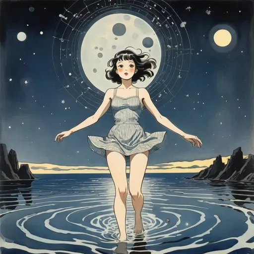 Prompt: Seiji Fujishiro, Hilda Cowham, Harry B. Neilson, Edward Bawden, Einar Nerman, Surrealism, mysterious, strange, bizarre, fantasy, Sci-fi, Japanese anime, beautiful miniskirt girl swimming in the darkness and running in the light, perfect voluminous body, constellation chart, the sea behind the moon, descending on paper, detailed masterpiece 