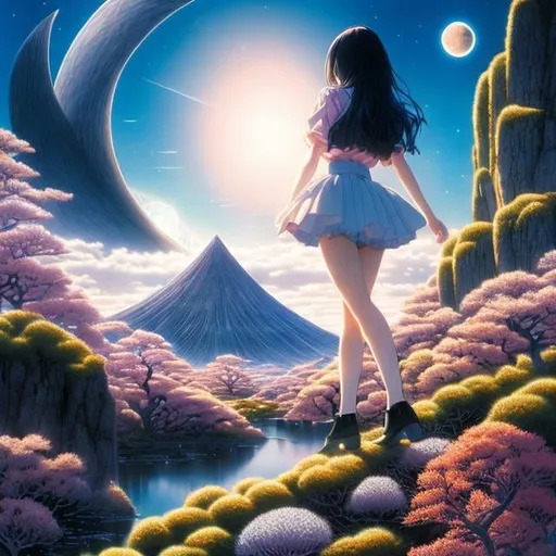 Prompt: Kaori Ozaki, Keith Parkinson, Surreal, mysterious, strange, fantastical, fantasy, Sci-fi, Japanese anime, microcosm in a drawer, beautiful girl in a miniskirt, returning to her hometown, perfect voluminous body, the fault line in the universe, detailed masterpiece