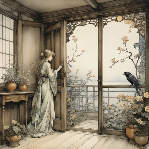 Prompt: Arthur Rackham, Marie Cerminova Toyen,  Surreal, mysterious, strange, fantastical, fantasy, sci-fi, Japanese anime. From Japanese flowers to electrified frogs, you'll have to get a good night's sleep to recognize the change, One that fights one-on-one with the window, Speaking of the door that forms the body of a beautiful girl, perfect voluminous body, the floor is a parakeet and the ceiling is a timid crow, detailed masterpiece 