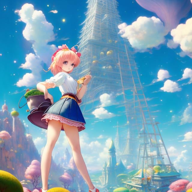 Prompt: Adrienne Segur, Elsa Beskow, Jessie Willcox Smith, Japanese Anime, Surreal Mysterious Weird Fantastic Sci-Fi Fantasy, A giant pudding parfait as tall as a building, a miniskirt high school girl is climbing into the parfait using a ladder, beautiful perfect voluminous body, she likes sweets, detailed, high resolution definition quality masterpiece, depth of field, focus, cinematic lighting