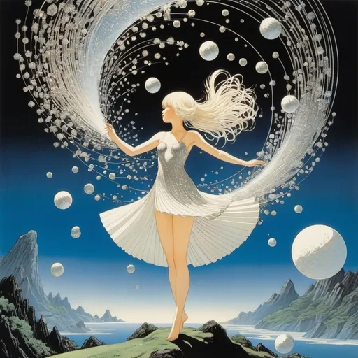 Prompt: Kay Nielsen, Katsuhiro Otomo, Ron Walotsky, Surreal, Mysterious, Strange, Fantastic, Fantasy, Sci-Fi, Japanese Animation, Reading Shapes, Concerning the Forms of Living Things, Canned Space, Life is like a person who sows seeds. He is in the form of a beautiful girl in a miniskirt who scatters seeds that contain thousands of gestalts like a rain of sparks, perfect voluminous body, dynamic action poses perspectives 