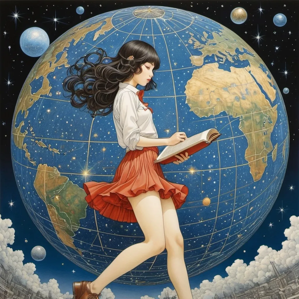 Prompt: Takato Yamamoto, Yuko Shimizu, Jacek Yerka, Henri Privat-Livemont, Igor Oleynikov, Surrealism, wonder, strange, bizarre, fantasy, Sci-fi, Japanese anime, picking up constellations on a map of the sky, 3D celestial sphere illustrated book, beautiful high school girl in a miniskirt doing surveying, perfect voluminous body, detailed masterpiece 