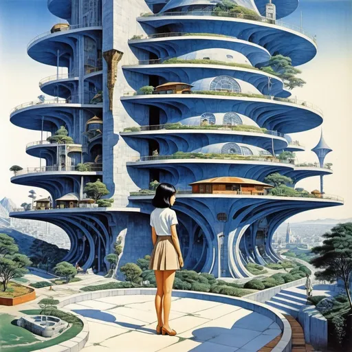 Prompt: Chiho Saito, Paolo Soleri, Peter cook, Surreal, mysterious, bizarre, fantastical, fantasy, Sci-fi, Japanese anime, blueprint for dreaming up a world city, perspective drawing, cross-sectional view, perspective, Dymaxion habitation machine, cathedral, future fossil city, life of a miniskirt beautiful girl, perfect voluminous body, detailed masterpiece 