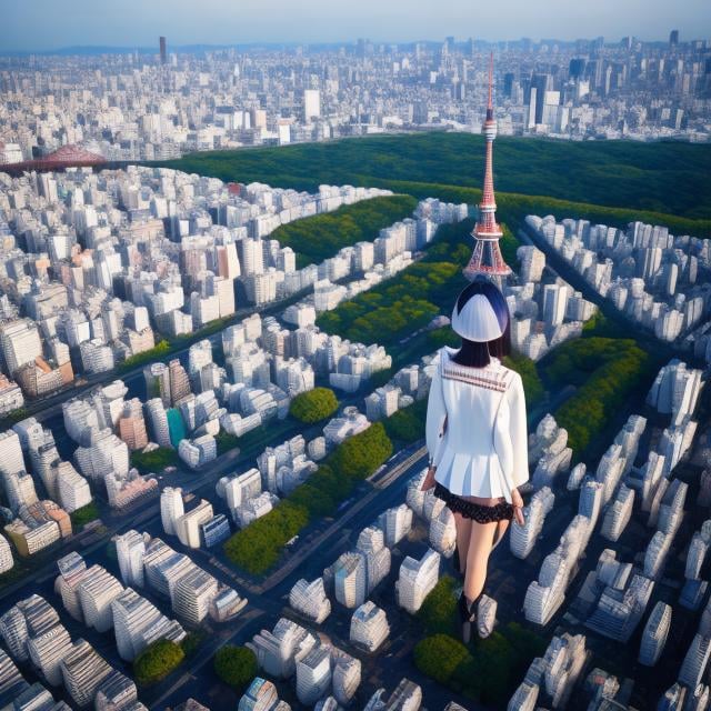 Prompt: Junaida, Naoyuki Katoh, Surreal, mysterious, strange, fantastical, fantasy, Sci-fi, Japanese anime, giant miniskirt beautiful high school girl, perfect voluminous body, Tokyo sightseeing, as tall as Tokyo Tower, peace in a commemorative photo, boyish short hair, bird's eye view, perspectives angles realistic 