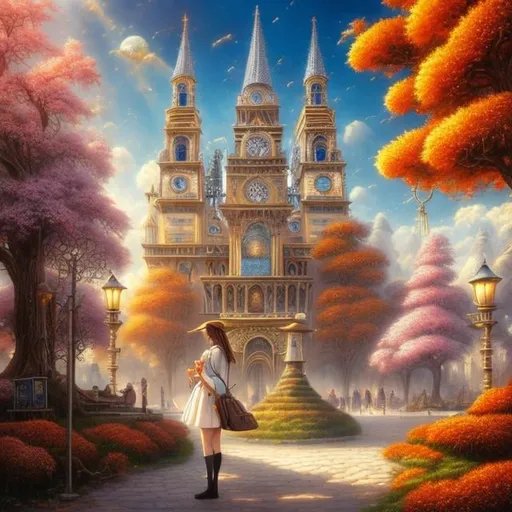 Prompt: Thomas Crane, Michael Cheval, Surreal, mysterious, strange, fantastical, fantasy, Sci-fi, Japanese anime, tree that grows crystals, symbiosis between machines and humans, miniskirt beautiful high school girl, town square, detailed masterpiece 