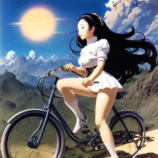 Prompt: Hans Bellmer, Hiromu Arakawa, Frank Frazetta, Surreal, mysterious, strange, fantastic, fantasy, Sci-fi, Japanese anime, asteroid belt, miniskirt beautiful high school girl's bicycle trip, perfect voluminous body, chasing the comet, detailed Masterpiece dynamic action poses 