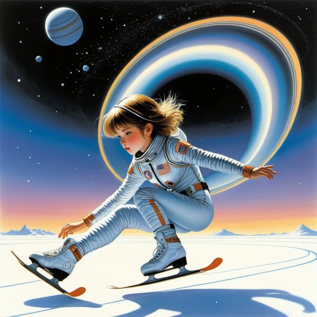 Prompt: Johannes Gehrts, Peter Elson, Tony DiTerlizzi, Surrealism, mysterious, bizarre, fantastical, fantasy, Sci-fi, Japanese anime, Saturn's rings are a skating rink, a beautiful girl in a space suit glides dashingly, perfect voluminous body, a sense of dynamism, detailed masterpiece 