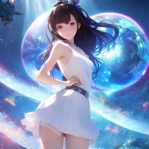 Prompt: Kanan Minami, Benoît Sokal, Surreal, mysterious, strange, fantastical, fantasy, Sci-fi, Japanese anime, guests from the another world, complex projective space, fairy, floating armored ship, dragon, feast of the gods, miniskirt beautiful girl welcomes you, perfect voluminous body, detailed masterpiece cinematic lighting 