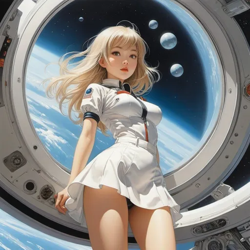 Prompt: Helmut Leherb, Shigeru Sugiura, Surreal, mysterious, strange, fantastical, fantasy, Sci-fi, Japanese anime, a pale, transparent and invisible world, a spacewalk trip, a surprising miniskirt beautiful girl, perfect voluminous body, detailed Masterpiece 