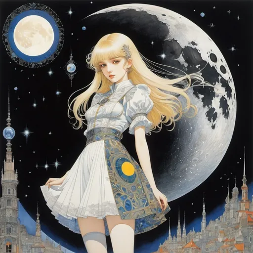 Prompt: Harry Clarke, Yannis Tsarouchis, Emma Rendel, Risu Akizuki, A E Marty, Surrealism, mysterious, bizarre, fantastical, fantasy, Sci-fi, Japanese anime, revisiting the moon's magnetic field, calligraphy of a utopian city, beautiful blonde miniskirt girl Alice, perfect voluminous body, looking for star cracks or fragments, detailed masterpiece 