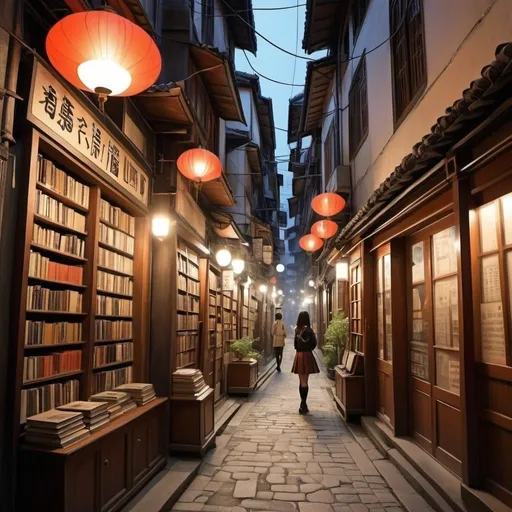 Prompt: Aleardo Terzi, Sulamith Wülfing, Pierre Roy, Nanae Haruno, Duilio Cambellotti, Surrealism, strange, bizarre, fantastical, fantasy, Sci-fi, Japanese anime, natural history of alleys, cities and spectacles, used bookstores as labyrinths, the life of a beautiful high school girl in a miniskirt, perfect voluminous body, detailed masterpiece 